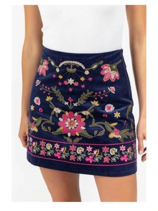 Navy Mini Skirt with Pink & Green Floral Embroidery - Picture 1 of 9